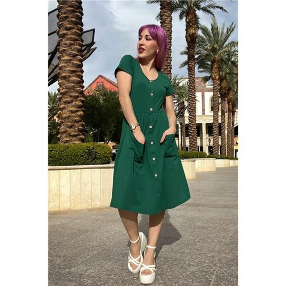 Women's V Neck Button Down Skater Dress with Pockets - Picture 5 of 6